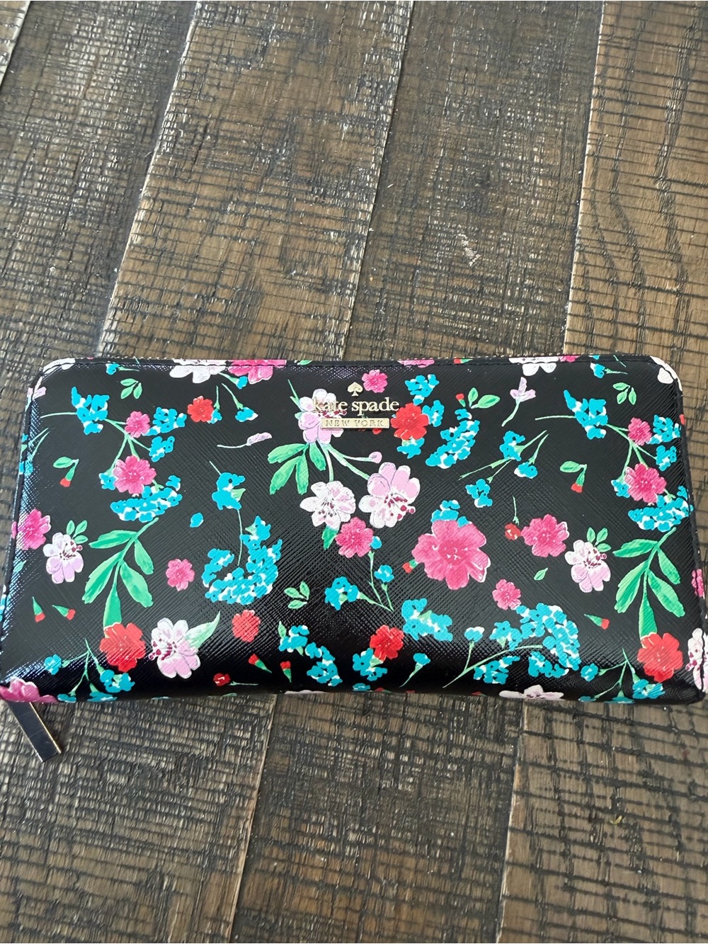 kate spade Black Floral Zip Wallet with Pink & Blue Accents